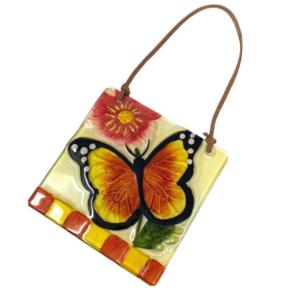 Butterfly Reverse Painted Sun Catcher Glass Tile Wall Decor Floral Orange Yellow